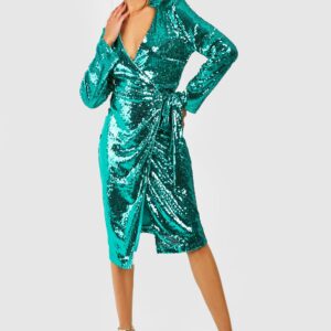 Womens Sequin Midi Shirt Wrap Party Dress - Green - 8, Green