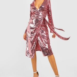 Womens Sequin Midi Shirt Wrap Party Dress - Pink - 10, Pink