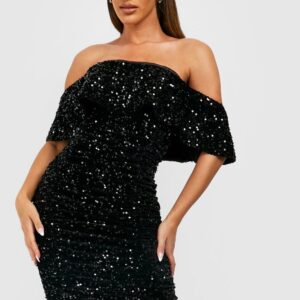 Womens Sequin Off The Shoulder Midi Party Dress - Black - 12, Black