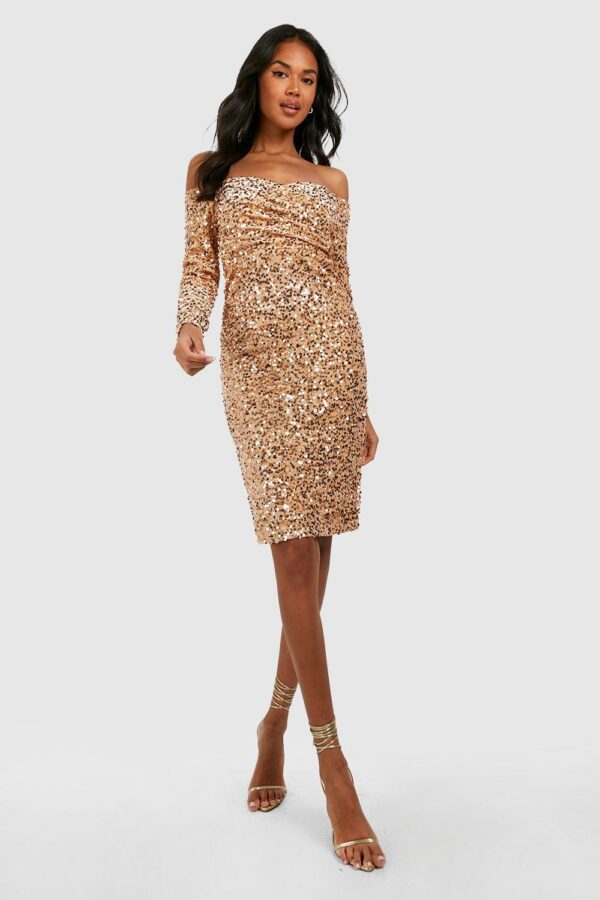 Womens Sequin Off The Shoulder Midi Party Dress - Gold - 16, Gold