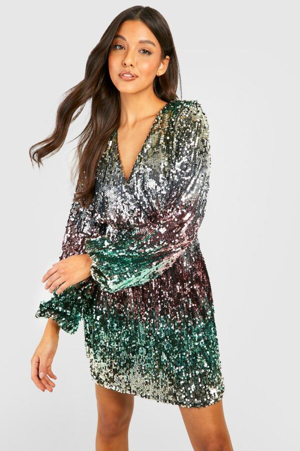 Womens Sequin Ombre Wrap Party Dress - Pink - 10, Pink