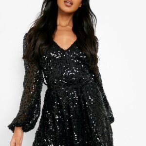 Womens Sequin Plunge Blouson Sleeve Skater Party Dress - Black - 12, Black