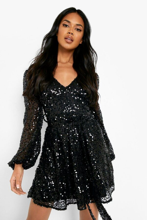 Womens Sequin Plunge Blouson Sleeve Skater Party Dress - Black - 12, Black