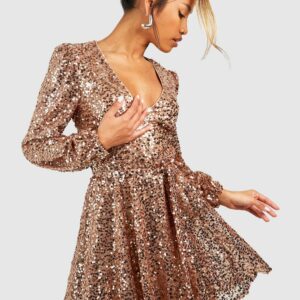 Womens Sequin Plunge Blouson Sleeve Skater Party Dress - Gold - 8, Gold