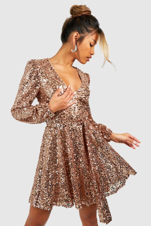 Womens Sequin Plunge Blouson Sleeve Skater Party Dress - Gold - 8, Gold