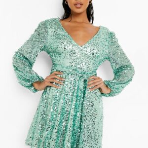 Womens Sequin Plunge Blouson Sleeve Skater Party Dress - Green - 10, Green