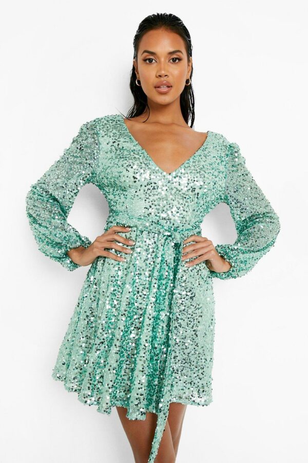 Womens Sequin Plunge Blouson Sleeve Skater Party Dress - Green - 10, Green