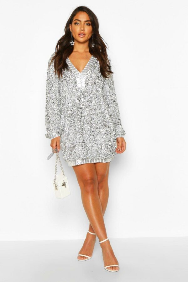 Womens Sequin Plunge Oversized Shift Party Dress - Grey - 8, Grey