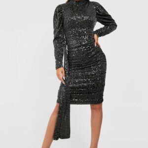 Womens Sequin Puff Sleeve Drape Midi Party Dress - Black - 10, Black