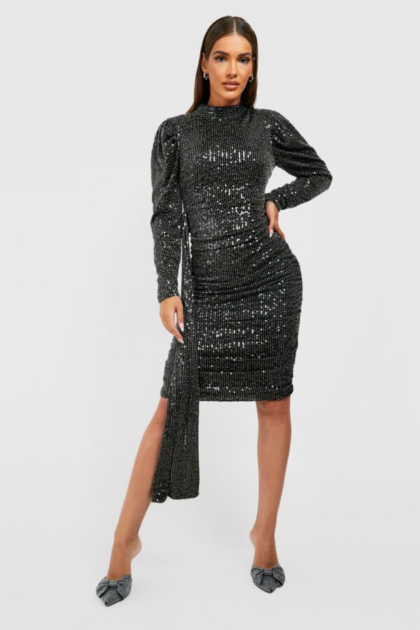 Womens Sequin Puff Sleeve Drape Midi Party Dress - Black - 10, Black