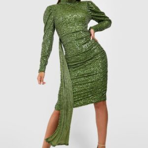 Womens Sequin Puff Sleeve Drape Midi Party Dress - Green - 8, Green