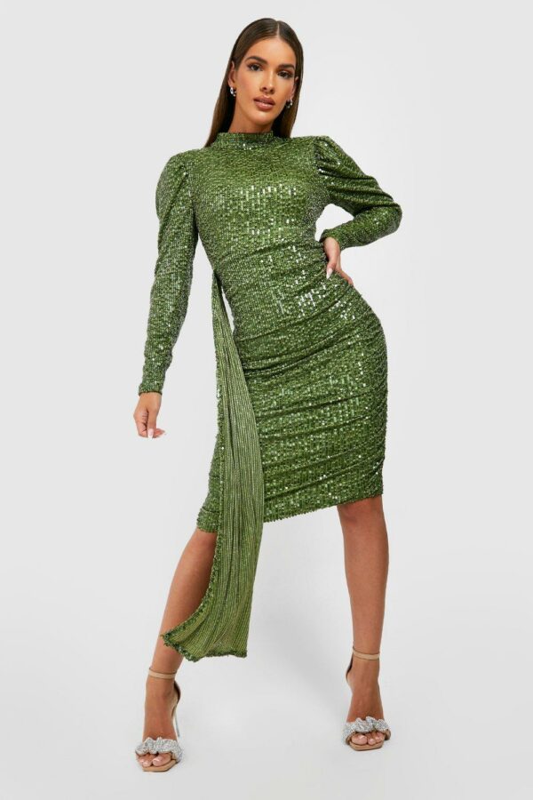 Womens Sequin Puff Sleeve Drape Midi Party Dress - Green - 8, Green