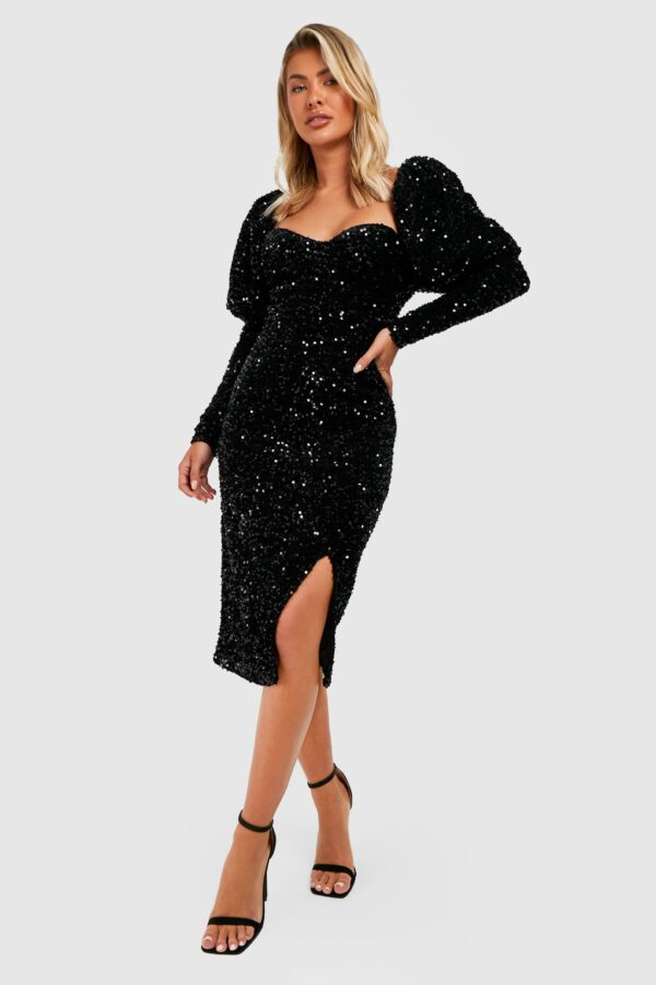 Womens Sequin Puff Sleeve Midi Party Dress - Black - 8, Black