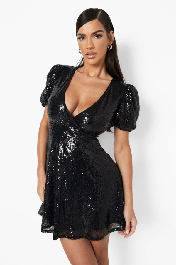 Womens Sequin Puff Sleeve Skater Party Dress - Black - 10, Black