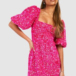 Womens Sequin Puff Sleeve Square Neck Smock Party Dress - Pink - 8, Pink