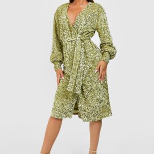 Womens Sequin Wrap Belted Midi Party Dress - Green - 10, Green