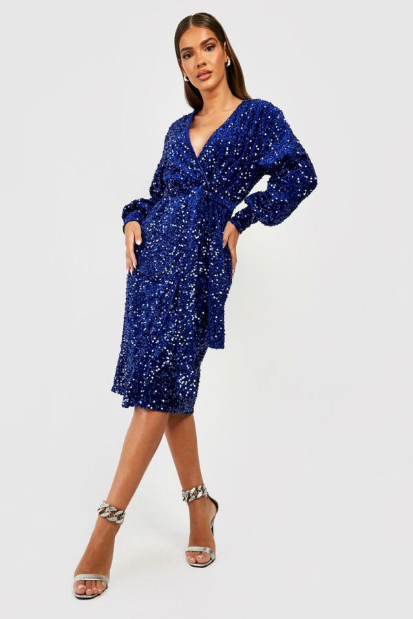 Womens Sequin Wrap Belted Midi Party Dress - Navy - 10, Navy