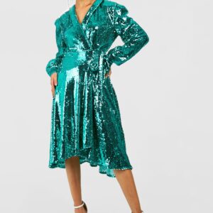 Womens Sequin Wrap Midi Party Dress - Green - 8, Green