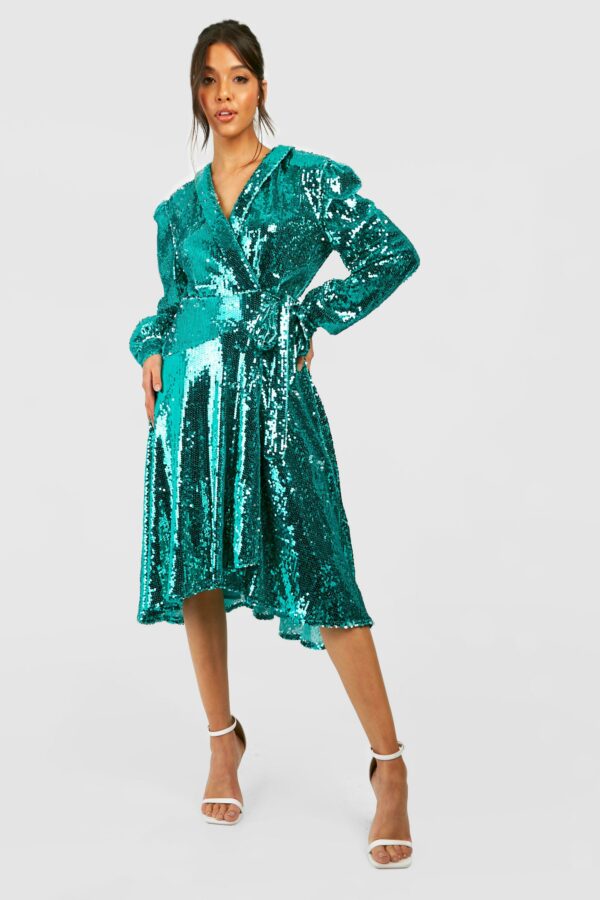 Womens Sequin Wrap Midi Party Dress - Green - 8, Green