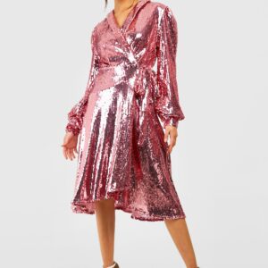 Womens Sequin Wrap Midi Party Dress - Pink - 8, Pink