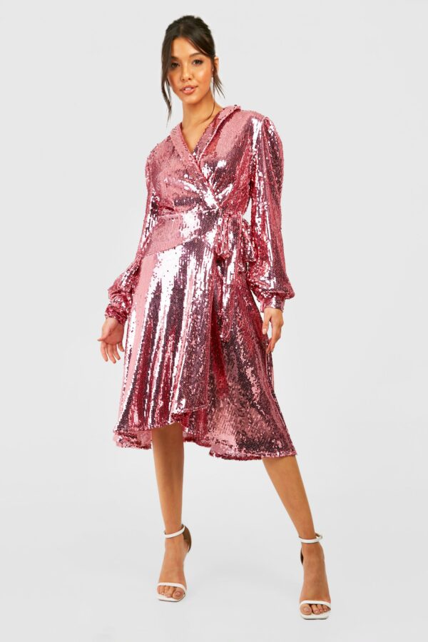 Womens Sequin Wrap Midi Party Dress - Pink - 8, Pink