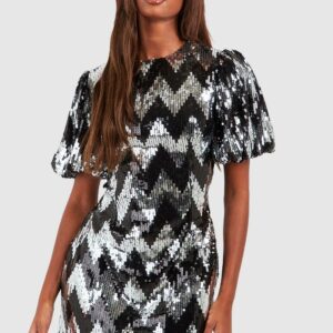 Womens Sequin Zig Zag Puff Sleeve Shift Party Dress - Black - 12, Black