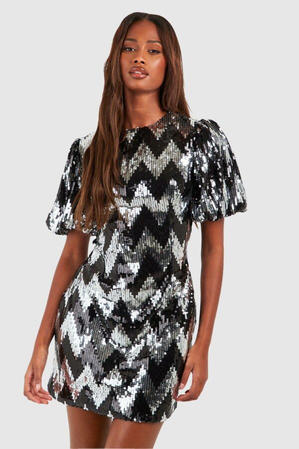 Womens Sequin Zig Zag Puff Sleeve Shift Party Dress - Black - 12, Black