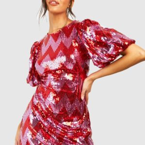 Womens Sequin Zig Zag Puff Sleeve Shift Party Dress - Red - 8, Red