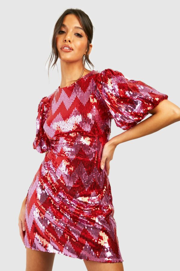 Womens Sequin Zig Zag Puff Sleeve Shift Party Dress - Red - 8, Red