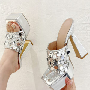 Women's Sequins Open Toe PU Leather Slide Sandals Chunky Heel Silver