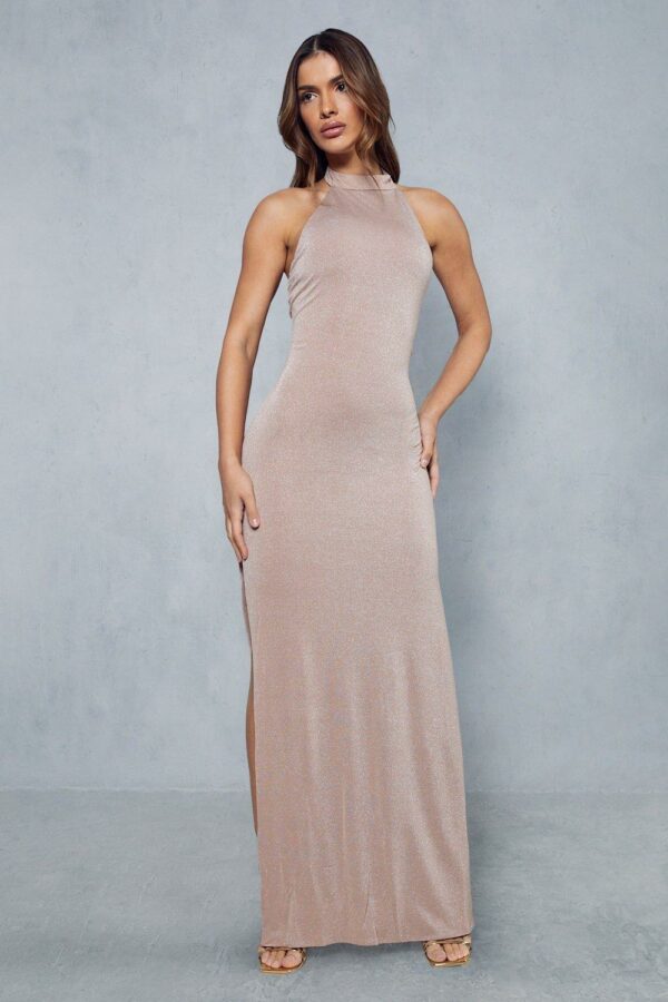 Womens Shimmer Double Layer High Neck Backless Maxi Dress - mauve - 10, Mauve