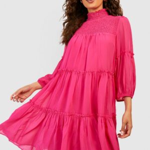 Womens Shirred Tiered Detail Smock Dress - Pink - 16, Pink