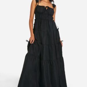 Womens Shirred Tiered Maxi Dress - Black - 14, Black