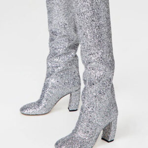 Women's Slouch Boots Silver Sequins Squared Toe Chunky Heel Knee-High Boots