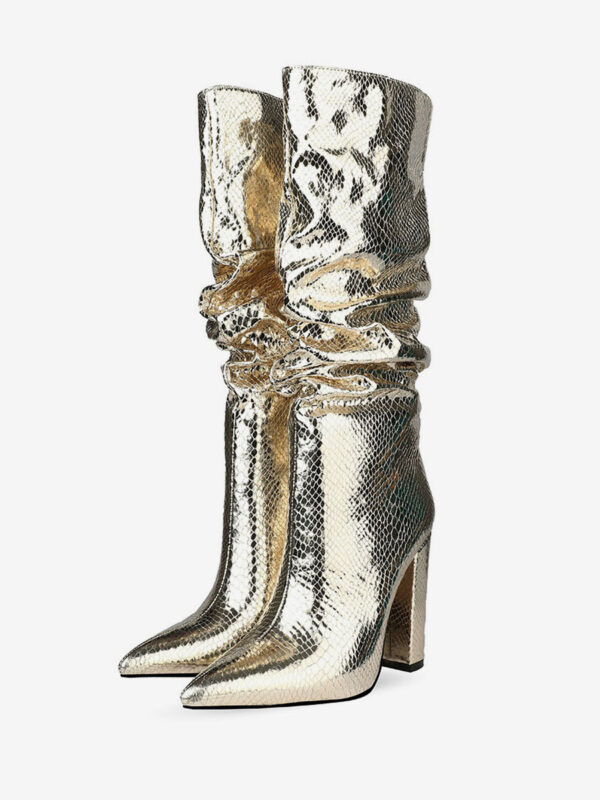 Women's Slouch Snakeskin Chunky Heel Bright Leather Knee High Boots in Blond