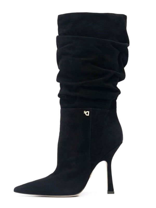 Women's Slouch Stiletto Heel Mid Calf Boots in Black Suede