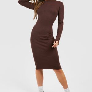 Womens Soft Rib Long Sleeve Bodycon Midi Dress - Brown - 8, Brown