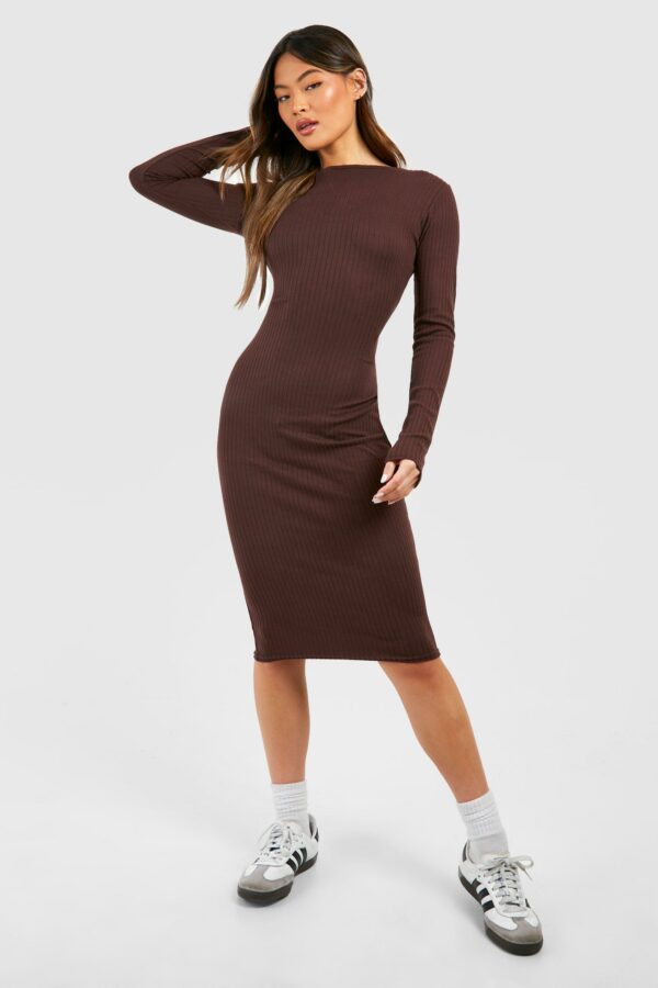 Womens Soft Rib Long Sleeve Bodycon Midi Dress - Brown - 8, Brown