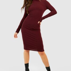 Womens Soft Rib Roll Neck Bodycon Midi Dress - Red - 16, Red