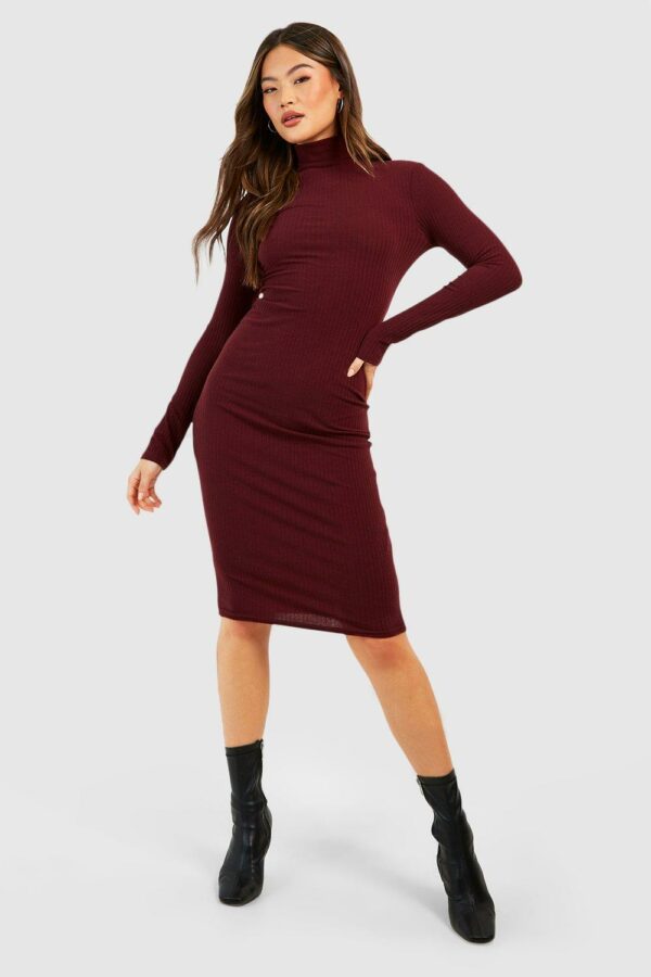 Womens Soft Rib Roll Neck Bodycon Midi Dress - Red - 16, Red