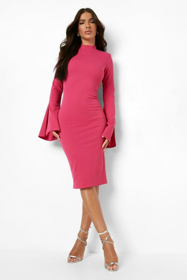 Womens Split Cape Sleeve Bodycon Midi Dress - Pink - 10, Pink