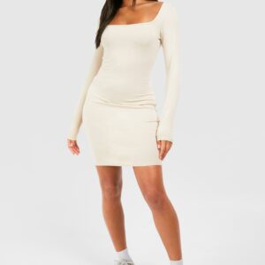 Womens Square Neck Modal Long Sleeve Bodycon Dress - Beige - 12, Beige