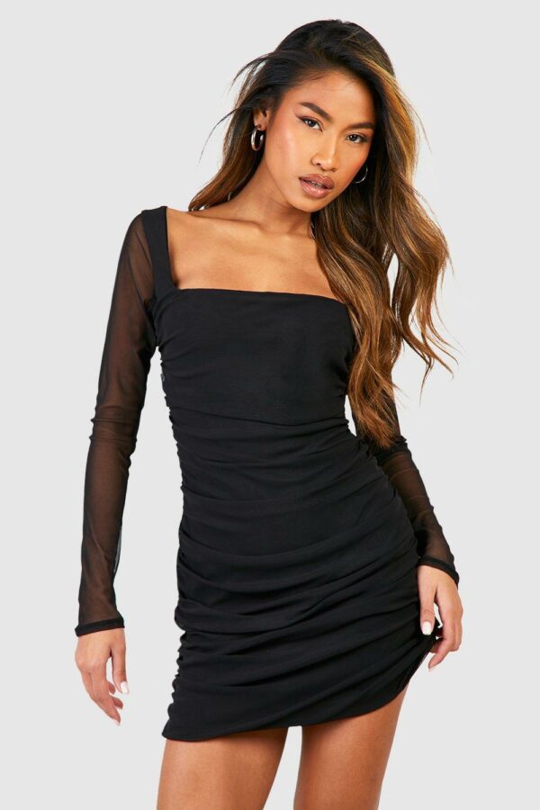 Womens Square Neck Ruched Mesh Bodycon Dress - Black - 14, Black