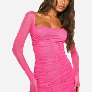 Womens Square Neck Ruched Mesh Bodycon Dress - Pink - 8, Pink