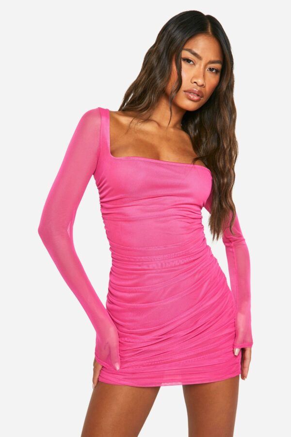 Womens Square Neck Ruched Mesh Bodycon Dress - Pink - 8, Pink