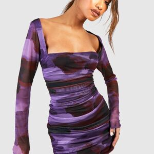 Womens Square Neck Ruched Printed Mesh Bodycon Dress - Purple - 10, Purple