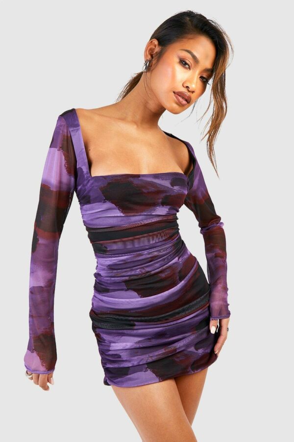 Womens Square Neck Ruched Printed Mesh Bodycon Dress - Purple - 10, Purple