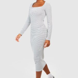 Womens Square Neck Stripe Bodycon Dress - White - 12, White