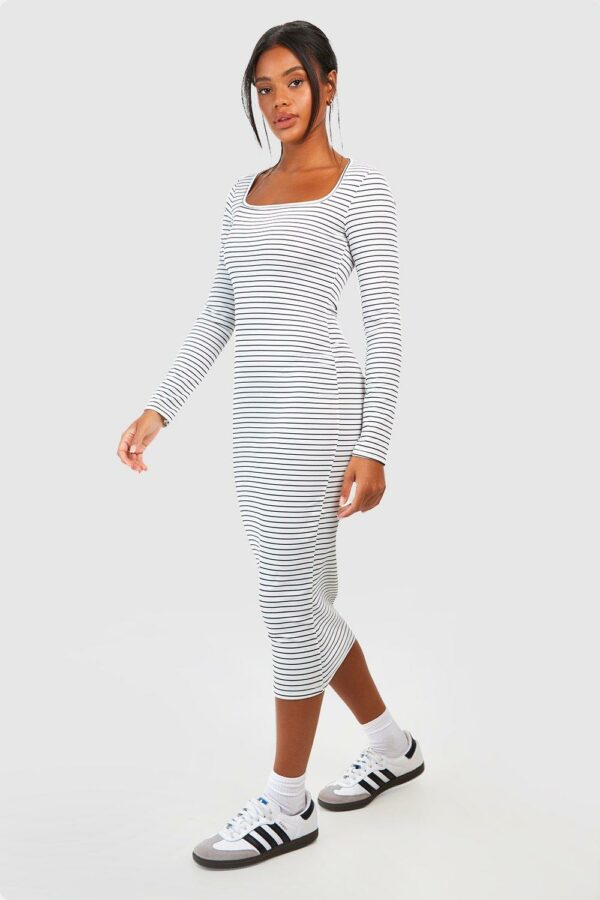 Womens Square Neck Stripe Bodycon Dress - White - 12, White