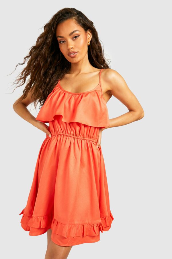 Womens Strappy Frill Detail Swing Dress - Orange - 12, Orange